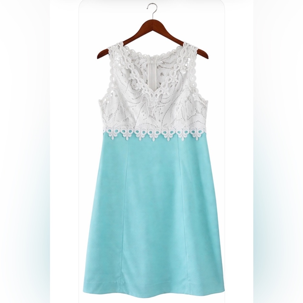 Lilly Pulitzer White Lace & Aqua Shift Dress Size 10 Floral Embroidered A-Line
